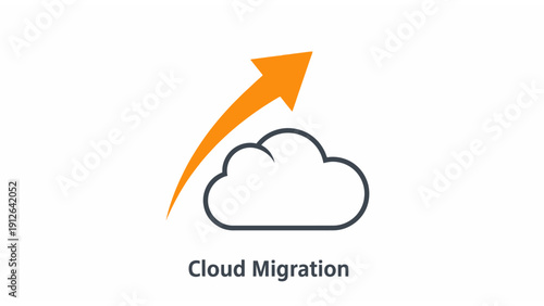 Cloud Migration Icon: Data Uplift, Digital Transformation, and IT Infrastructure Movement Symbol with Orange Rising Arrow.