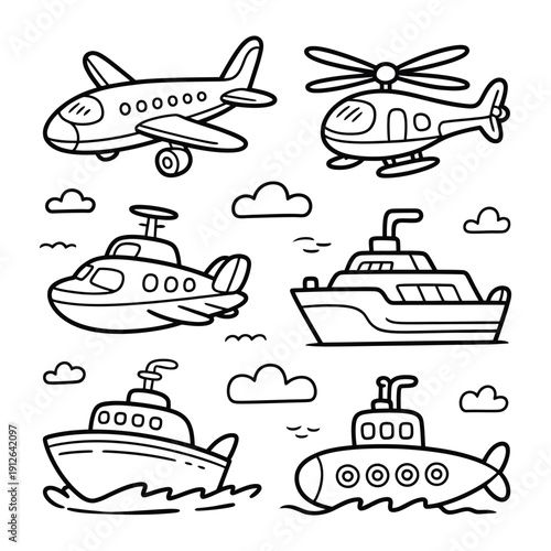 Transportation Collection: A set of simplified illustrations showcasing various modes of transportation, perfect for educational purposes or design elements. 