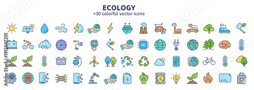 Collection of colorful ecology icons representing various environmental concepts and symbols