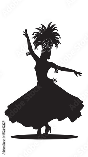 Silhouette of a graceful dancer in a flowing dress with arms raised mid performance.