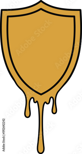 A golden shield with dripping liquid, symbolizing protection and security, illustrated in a simple graphic style, viewed from the front
