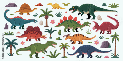 8 bit pixel art prehistoric dinosaurs, retro game asset collection, vector pixelated ancient creatures, arcade style graphics, fantasy environment elements.