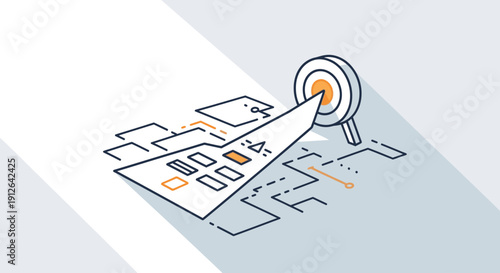 This architectural blueprint illustration displays technical drawings, planning layouts, and structural drafting elements representing construction and engineering processes. The clean professional de