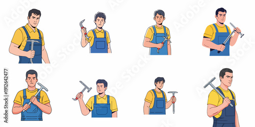Vector portraits of a male construction worker or repairman in overalls holding various essential hand tools for building and demolition.