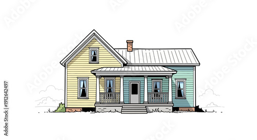 This residential house illustration showcases a classic suburban home with clean architectural details and a welcoming exterior. The modern vector style highlights real estate investment, property dev