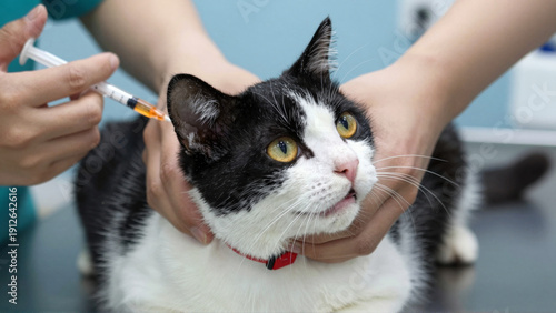 Veterinarian administering a vaccine to a domestic cat during a routine check-up at a pet clinic, ensuring good health and preventative care