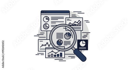 This data analytics and business reporting illustration showcases dashboard charts, performance graphs, and analytical tools in a modern flat design style. The composition represents statistics, finan