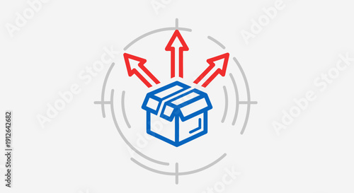 This creative out of the box thinking illustration features a package with arrows pointing outward, symbolizing innovation, expansion, opportunity, and strategic growth. The clean vector design repres