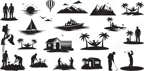 Black Silhouette Vacation Travel Icons on White Background Illustration