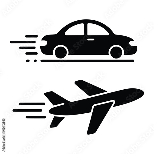 Speedy Transport: Dynamic monochrome silhouette of a car and airplane soaring across the sky, embodying swift travel and modern mobility.