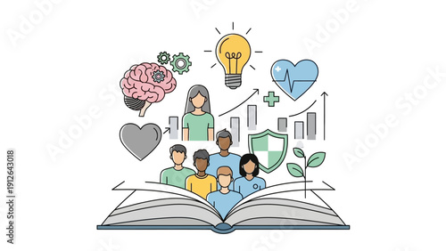 Open Book with People and Symbols Emerging.