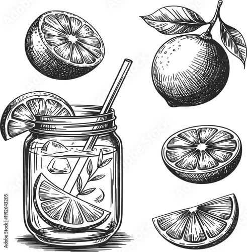 Vintage citrus drink in mason jar with straw, fresh orange slices, lemon engraving style, vector