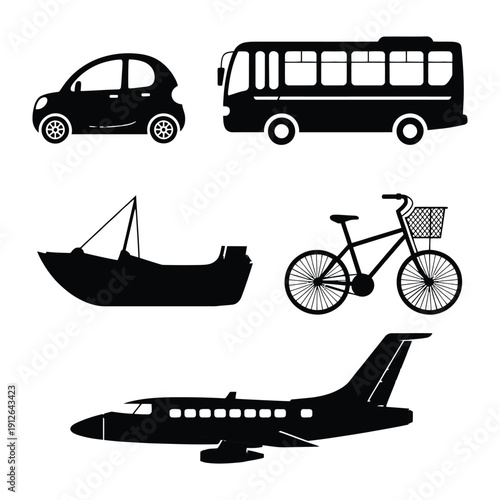 Transportation Silhouette Collection: A curated collection of diverse silhouettes representing modes of transportation, ideal for various design projects. Explore the elegance of a car.