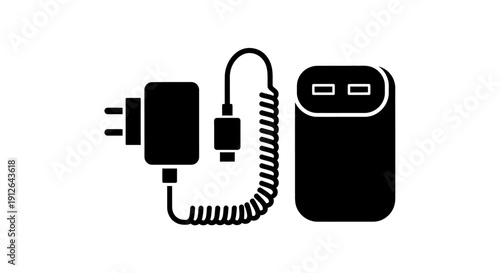This modern electronic accessories illustration showcases a smartphone with charging cable and power adapter in a clean flat style. The composition highlights mobile technology, device connectivity, a