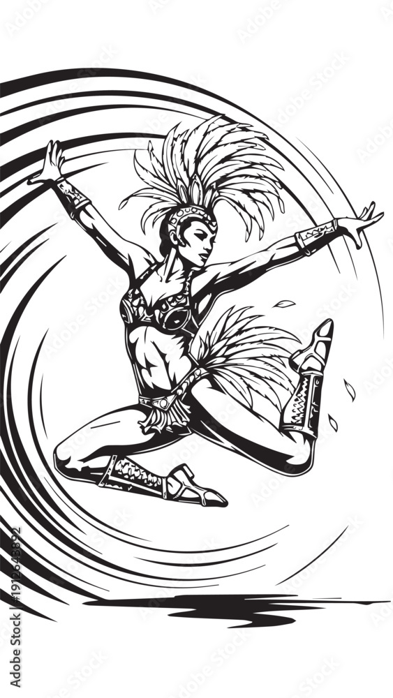 Obraz premium Energetic dancer performing a dynamic leap with swirling circular motion and bold lines.