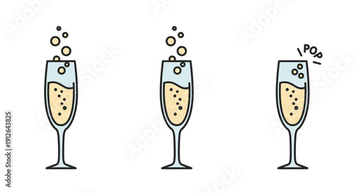 Champagne Glasses with Bubbles and Pop Icon
