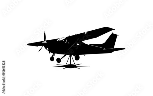 Black Silhouette Vector Illustration of a Small Propeller Aircraft