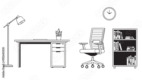 Minimalist modern office workspace featuring desk lamp, chair, and bookshelf arrangement.