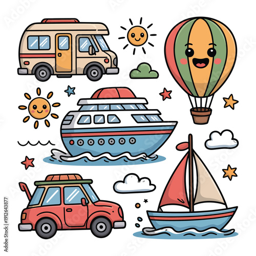 Whimsical Transport Collection: A delightful illustration featuring an array of travel vehicles, each rendered with charming personality and a touch of whimsy. These cute icons promise journeys.