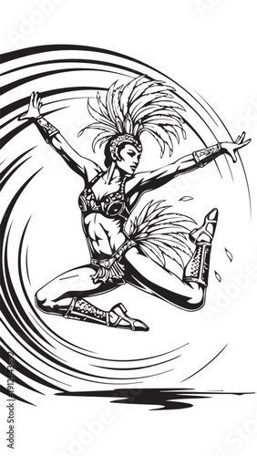 Energetic dancer performing a dynamic leap with swirling circular motion and bold lines.