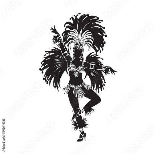 Silhouetted carnival dancer wearing an elaborate feathered headdress in a dynamic pose.