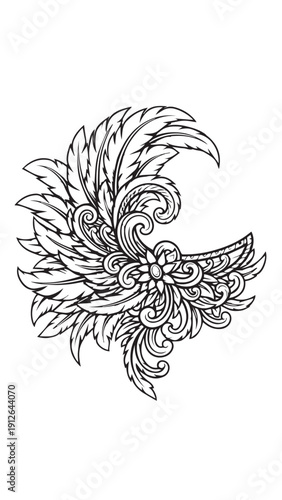 Intricate black and white floral ornament with swirls, petals, and decorative line art.