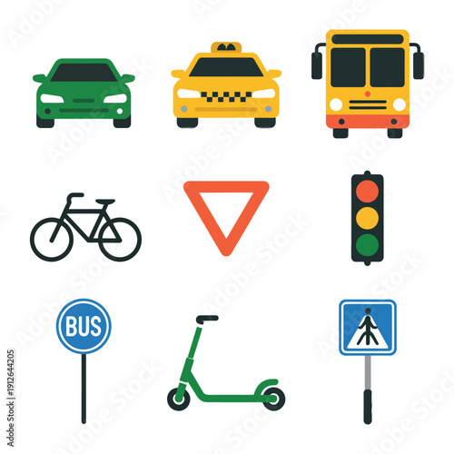Traffic Icons: A vibrant assortment of transport and road elements, including car, taxi, bus, bicycle, yield sign, traffic light, bus sign, scooter, and pedestrian crossing symbol.