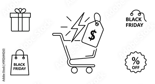 Black Friday Shopping Icons: Gift, Cart, Bag, Discount Tag, Percentage Off