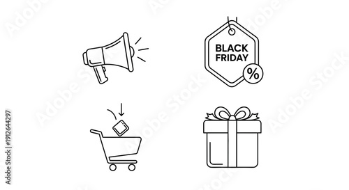 Black Friday shopping icons: megaphone, tag, cart, gift box
