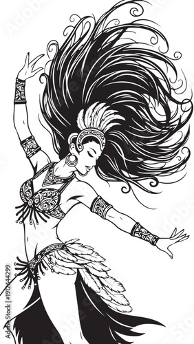 Energetic cultural dancer in flowing feathered costume and elaborate headdress, illustrated in monochrome.