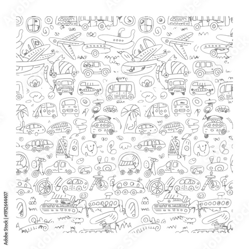 Seamless Travel Doodles: A whimsical illustration showcases a variety of transportation modes, creating a playful and dynamic pattern for travel and adventure themes. 