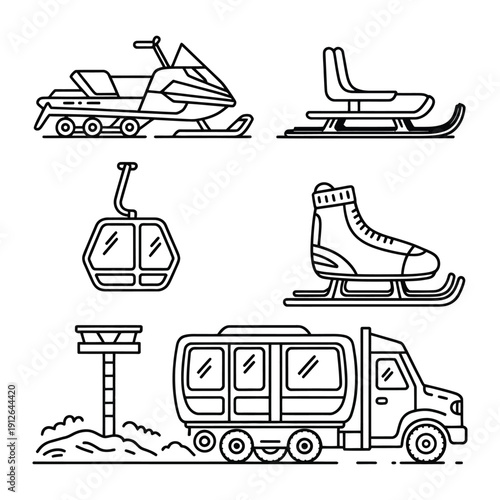 Winter Recreation Set: A collection of simple line art illustrations featuring various winter sport and travel essentials, perfect for a wide range of design projects