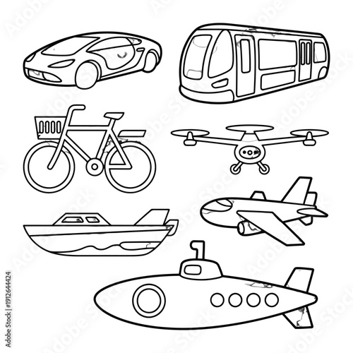 Transportation illustration set: An array of diverse vehicles, rendered in a clean illustration style, showcases the various modes of transport in a modern environment, from car to submarine