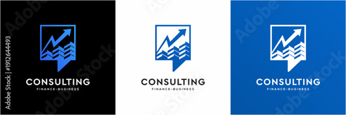 Modern Finance and Business Consulting Logo Template. Vector icon Rise Arrow Bar Chart and Speech Bubble concept.