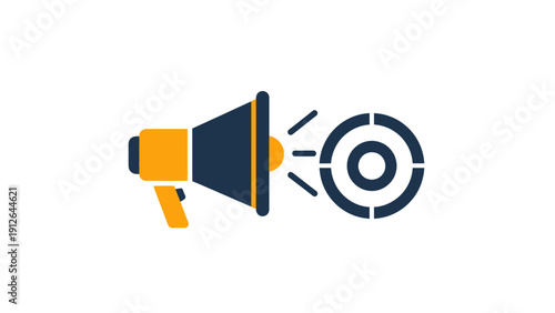 Targeted Marketing Communication Icon: Megaphone Announcing Towards Bullseye Goal.