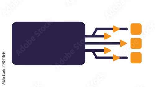 Abstract Data Flow Diagram: Centralized Input Source Leading to Multiple Parallel Outputs. Flat Vector Illustration for Business Process, Distribution, or Algorithm.