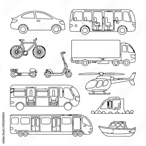 Vehicles Collection: An illustration of a range of vehicles, perfect for transport, travel, or infrastructure projects, showcasing modes of getting around by land, air, and sea.