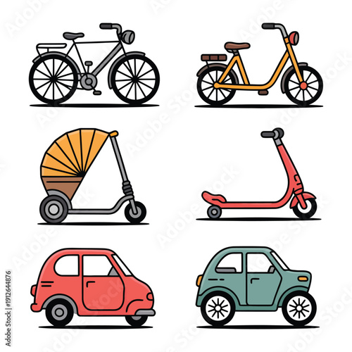 Transportation Selection: A visual guide through various means of transportation, showcasing classic bicycles, convenient scooters, and vintage cars, designed for a clean and friendly aesthetic.