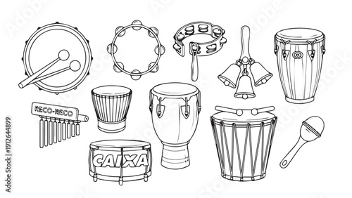 Collection of handdrawn percussion instruments and drum sketches in a diverse set.