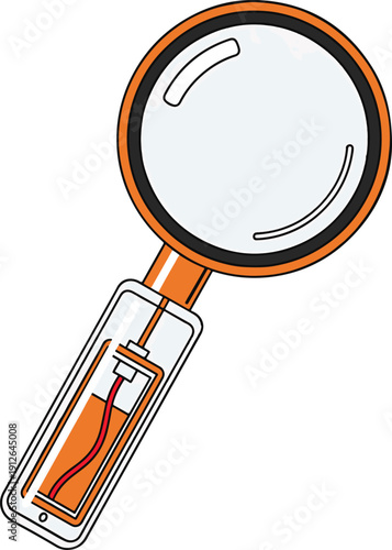 Magnifying glass examining a glass bottle with orange liquid inside, detailed illustration, white background, close-up view from the side.