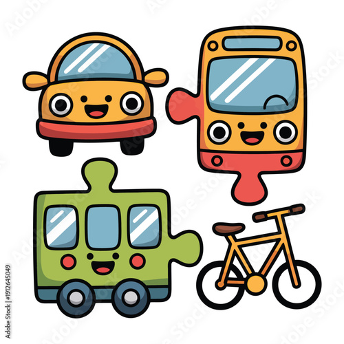 Whimsical Transportation Puzzle: A colorful and cheerful illustration showcasing four different modes of transportation, each designed with a unique puzzle piece shape and an inviting smiley face.