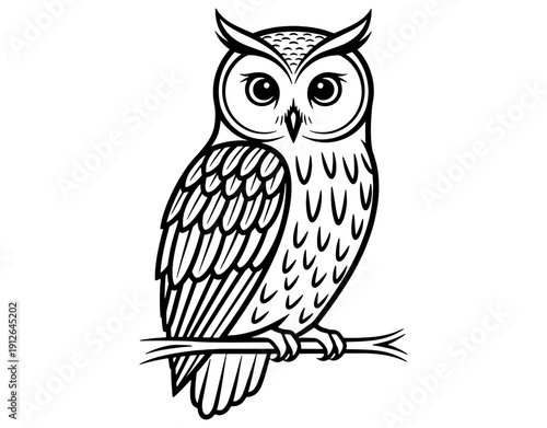 Minimalist Owl Sitting on a Branch Line Art Illustration, Majestic Owl Silhouette Vector Design, Wild Bird Portrait for Nature Conservation and Wildlife Protection Projects. 