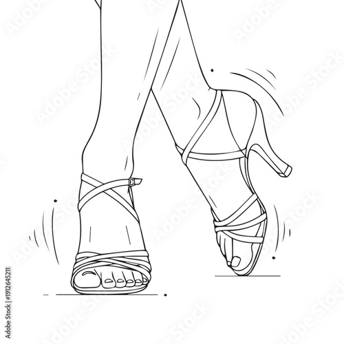 Sketch of stylish sandals on feet in a dancing pose in a graceful illustration.