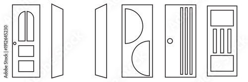 Black Door Icons in Different Open Positions. Minimal black door icons showing different opening positions, symbolizing choices, opportunities, and transitions in business or life concepts.

