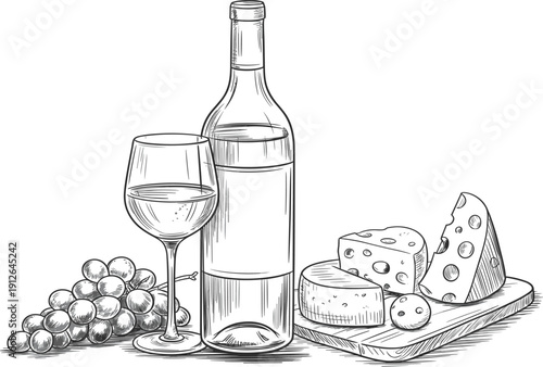 Vintage hand drawn wine bottle with glass, grape bunch and cheese on board, vector engraving