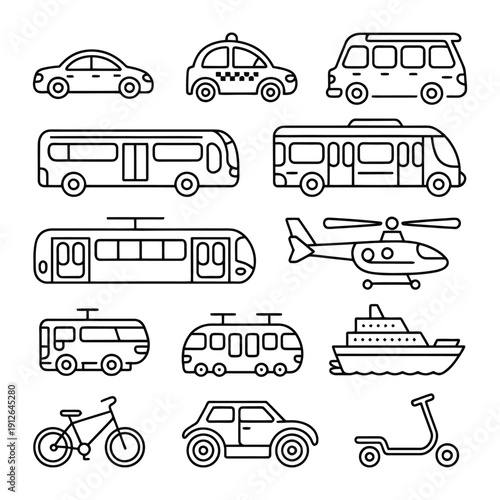 Transportation Illustration Set: A diverse set of transportation methods, meticulously outlined, perfect for illustrating the different means of getting from one location to another.
