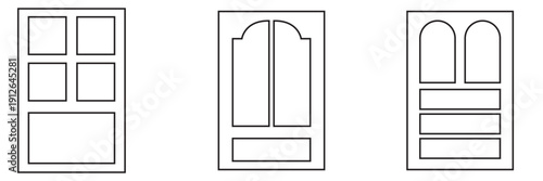 Black Door Icons in Different Open Positions. Minimal black door icons showing different opening positions, symbolizing choices, opportunities, and transitions in business or life concepts.


