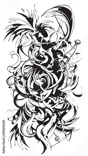 Intricate black and white abstract ornamental design with swirls and curves.