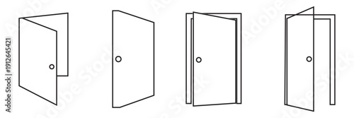 Black Door Icons in Different Open Positions. Minimal black door icons showing different opening positions, symbolizing choices, opportunities, and transitions in business or life concepts.


