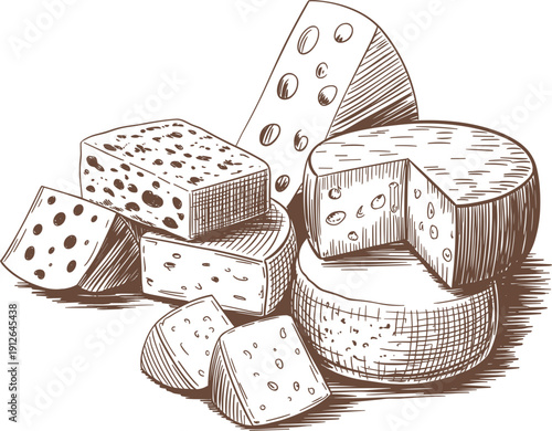 Vintage hand drawn cheese set, different dairy products with holes, rustic woodcut engraving style, vector